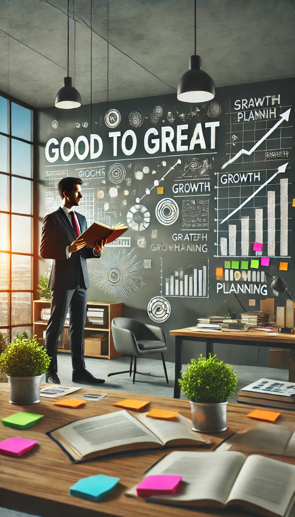 A business owner reading Good to Great in a modern office setting, surrounded by notes and growth charts, symbolizing strategic planning. 