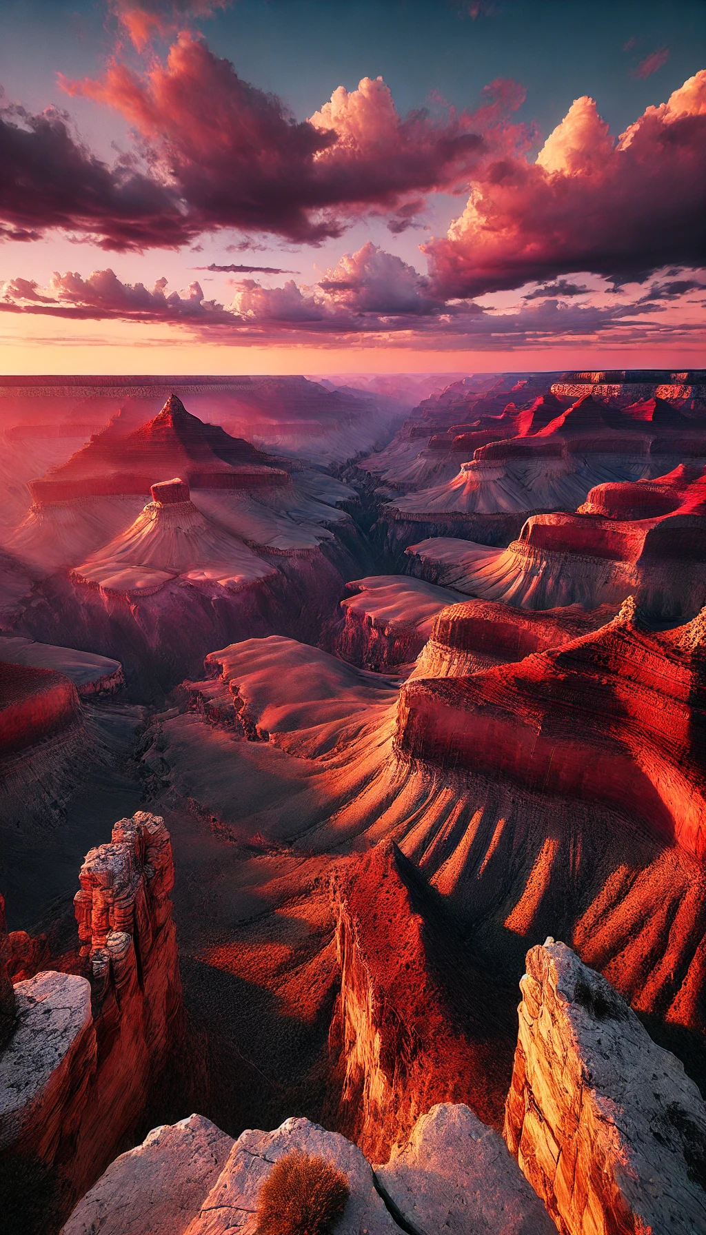 A wide-angle view of the Grand Canyon at sunset, with layers of red and orange rock formations stretching as far as the eye can see. 