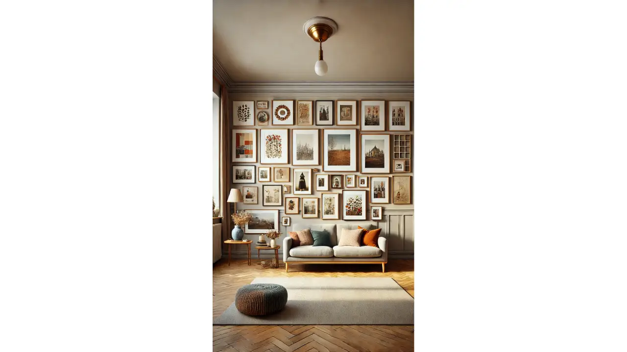 A gallery wall with a mix of framed artwork and family photos in various sizes and shapes, adding warmth and personality to a cozy living room.