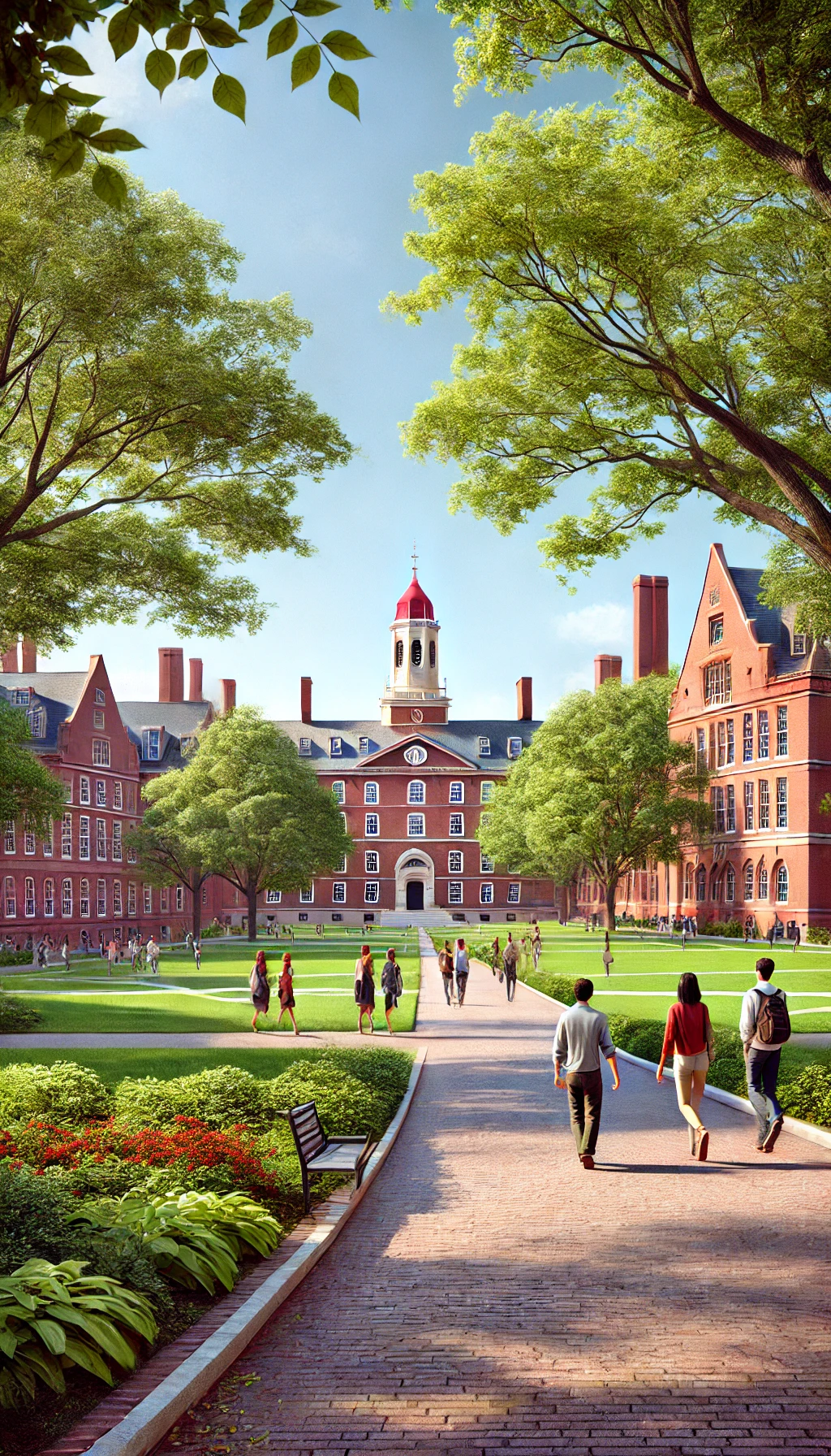 Harvard's historic red-brick buildings surrounded by lush greenery, with students walking through Harvard Yard under a clear sky.