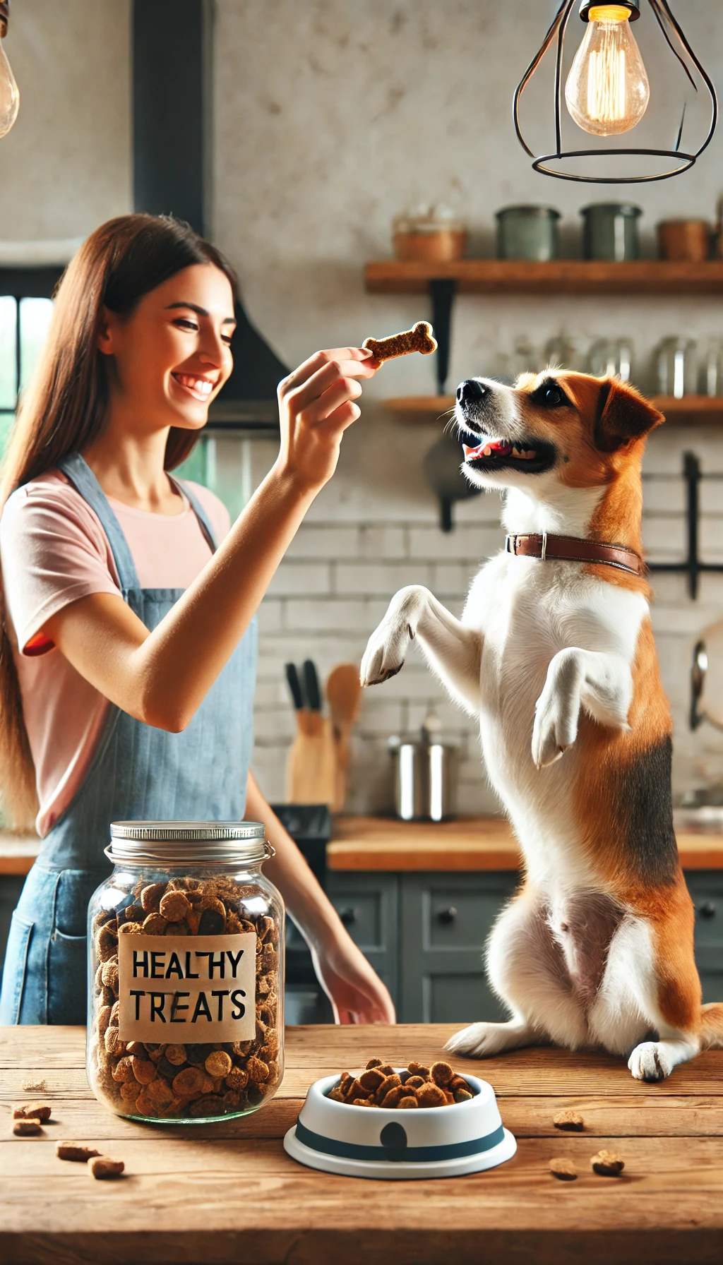 A jar of healthy pet treats on a counter, with a cheerful dog performing a trick and a proud owner holding the treat.