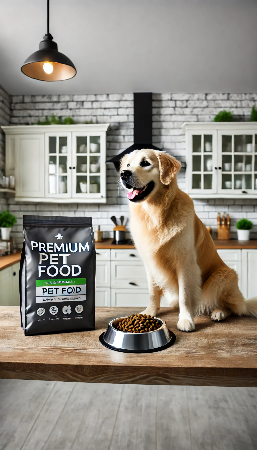 A bag of premium pet food placed on a kitchen counter, with a pet bowl and a happy dog sitting nearby, eagerly waiting to eat.