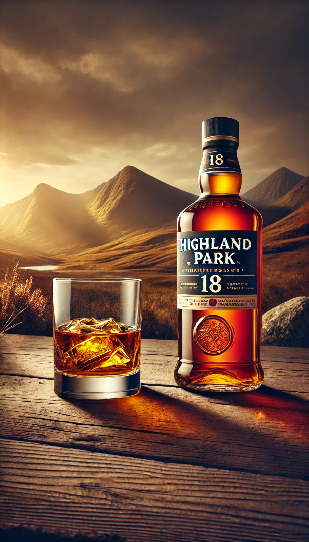 A bottle of Highland Park 18 on a wooden table, next to a glass of whiskey, with soft lighting and a backdrop of rugged Scottish highlands to reflect the whiskey’s origins.