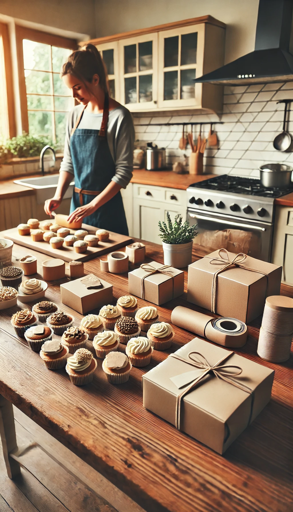 A cozy kitchen scene with freshly baked goods placed on a counter, packaging materials, and a person decorating cupcakes with precision.