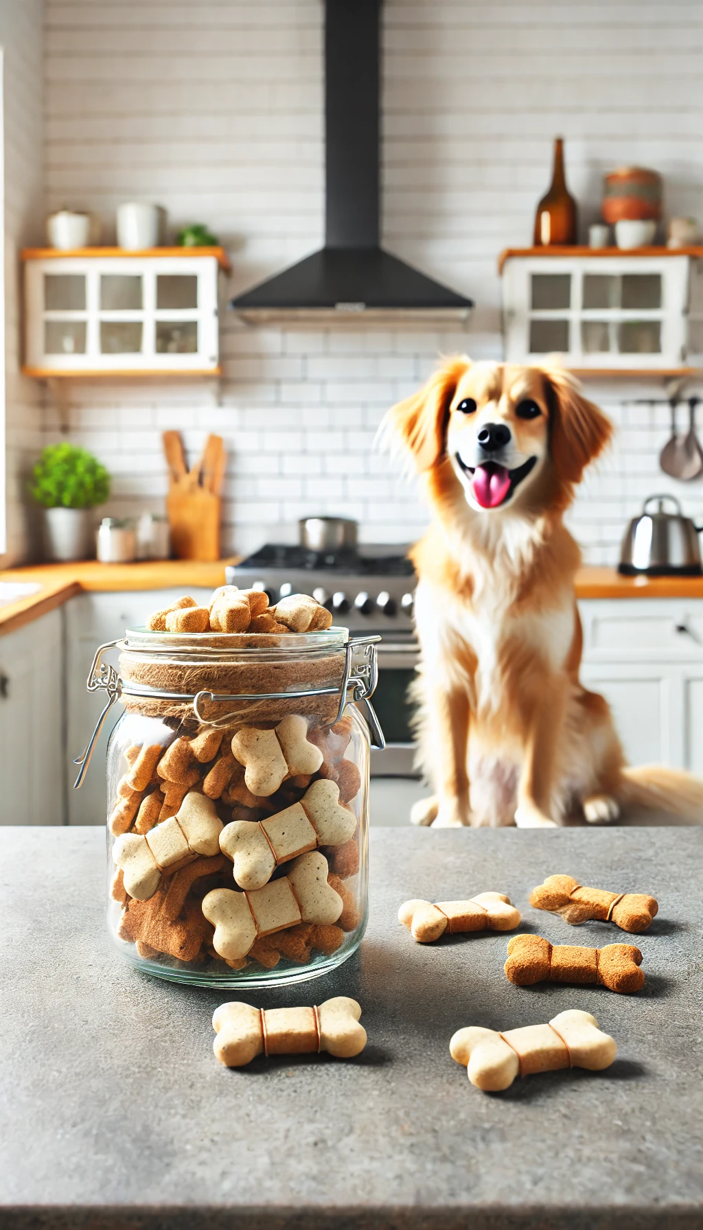 A kitchen counter with freshly baked homemade dental treats in a jar, with a happy dog sitting nearby.