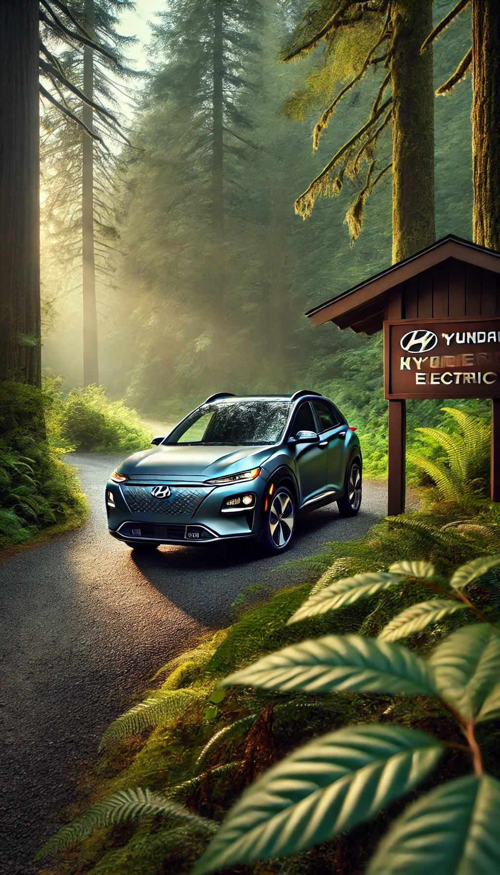 A Hyundai Kona Electric parked by a trailhead with greenery around, emphasizing its versatility for both urban and outdoor adventures.