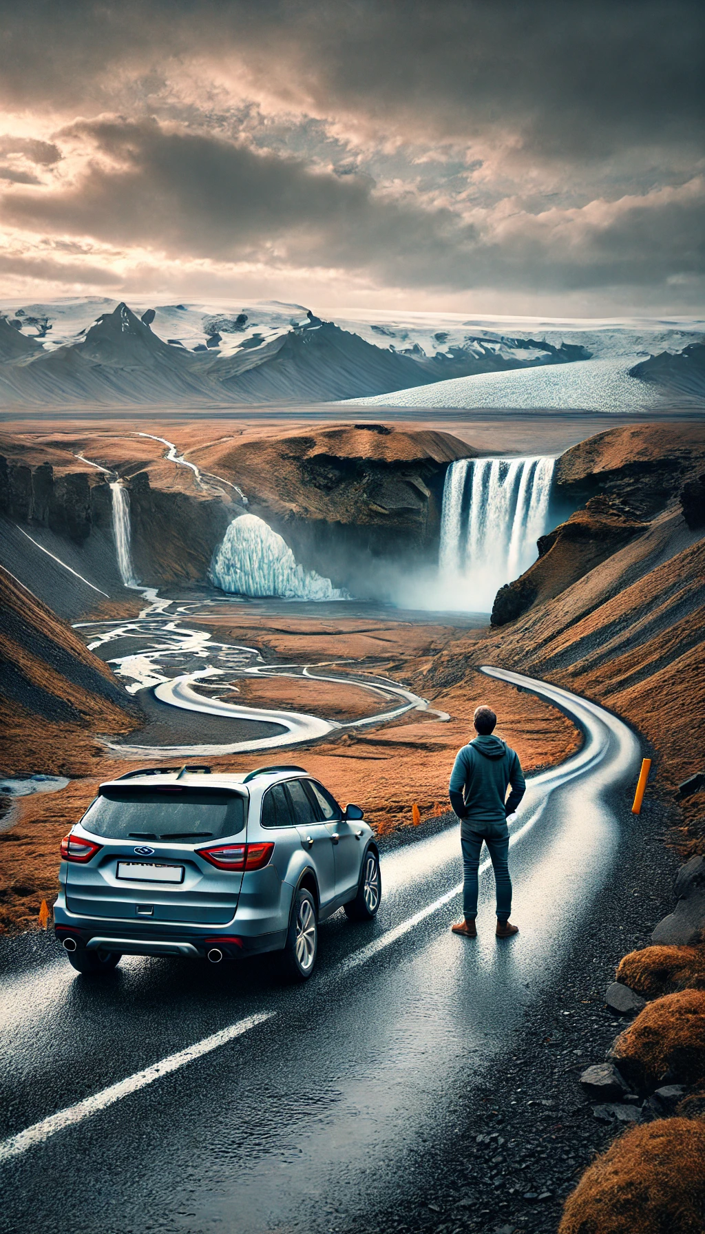 A car parked on a winding road surrounded by Icelandic waterfalls, glaciers, and rugged terrain, with a traveler gazing at the view.