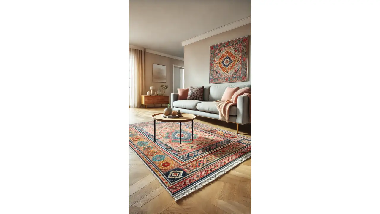 A cozy living room with a colorful area rug under a coffee table and sofa, creating a defined and inviting space.