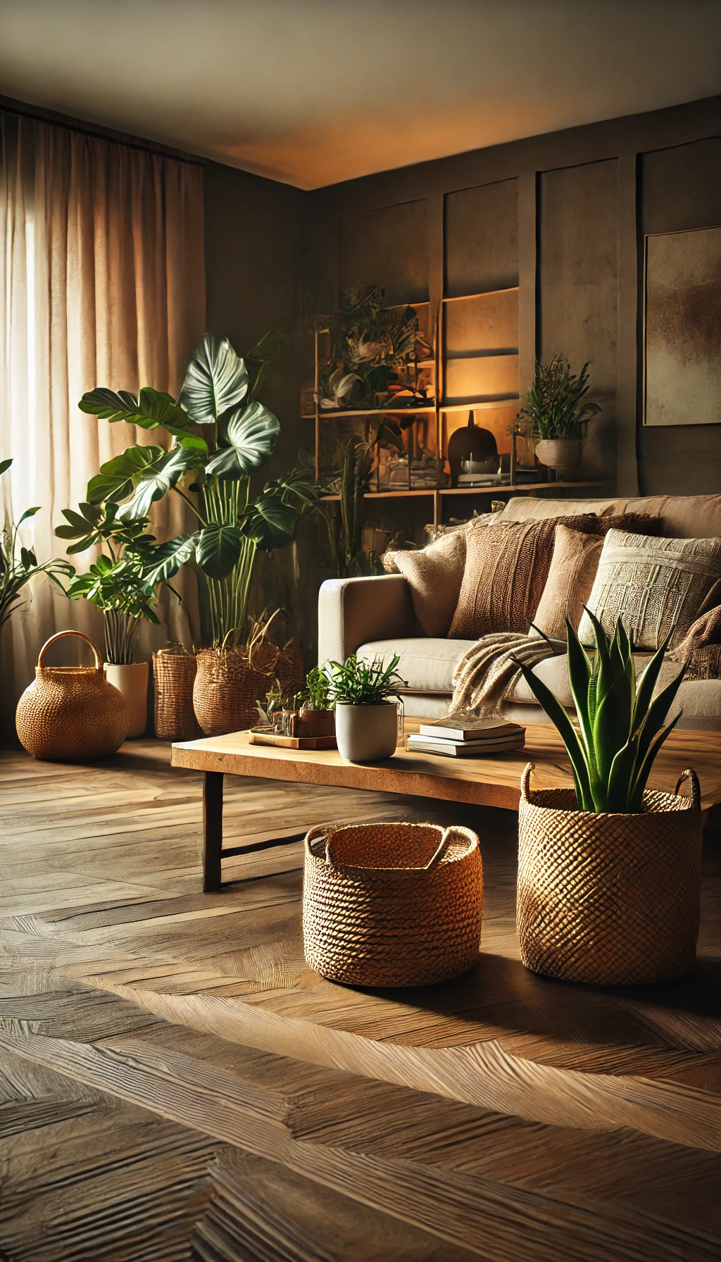 A living room with a wooden coffee table, woven baskets, and indoor plants, adding a touch of nature to the cozy space.