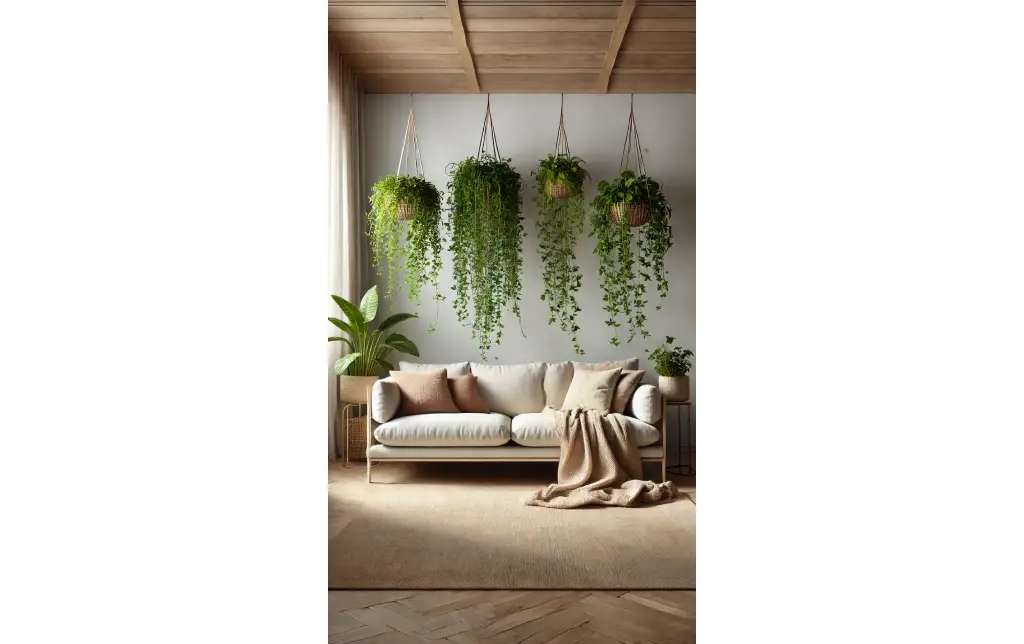 A living room with hanging plants above a cozy sofa, featuring trailing greenery that creates a relaxed, natural vibe.