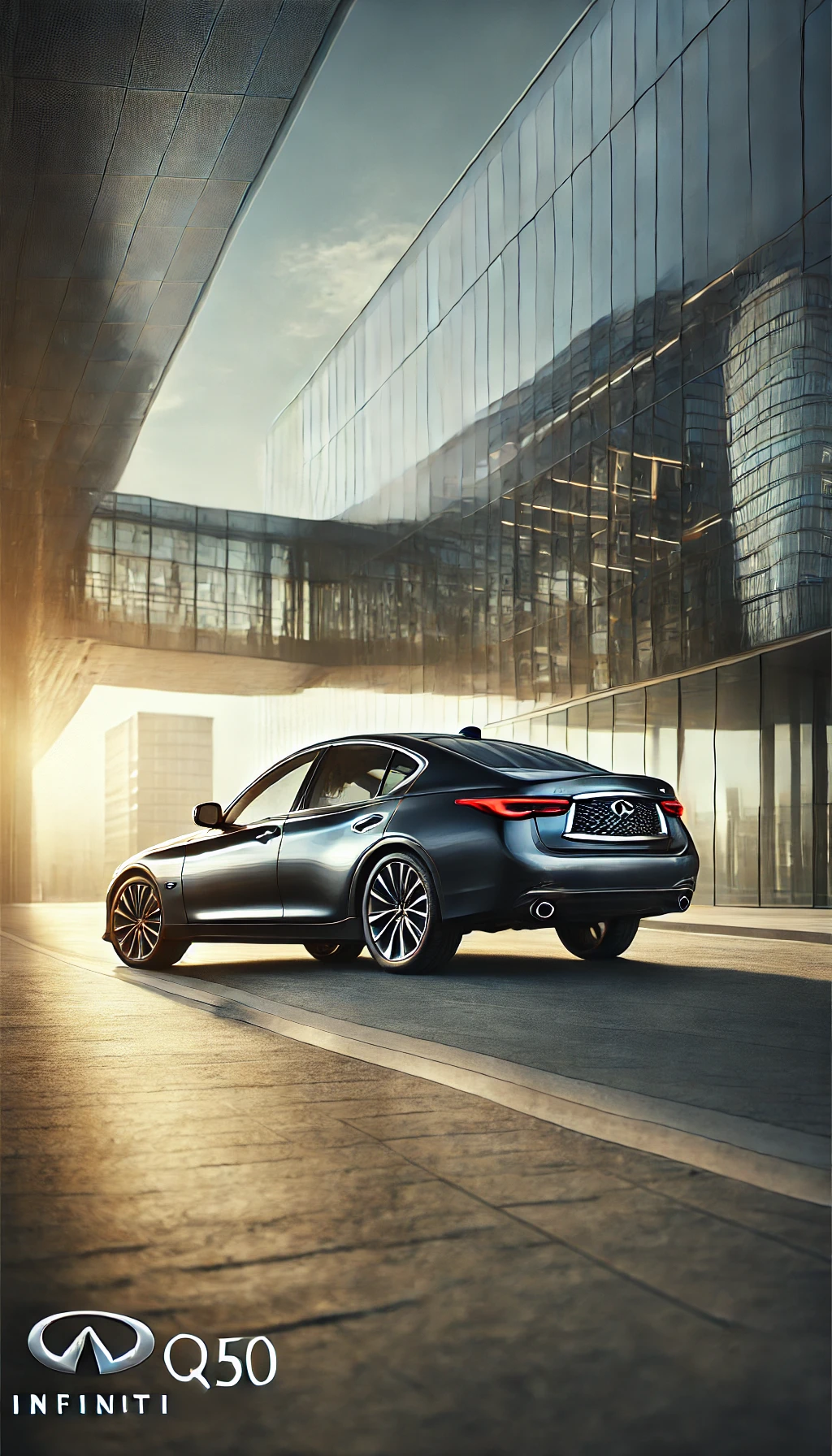 An Infiniti Q50 parked in front of a modern glass building, with its stylish curves highlighted by natural light, giving it a premium, professional look.