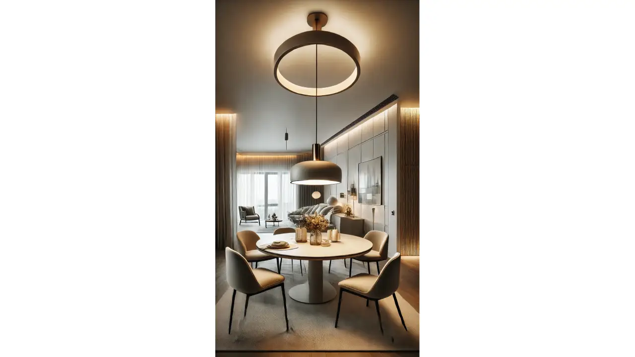 A dining room with a stylish pendant light hanging over the table, casting a warm glow and adding a modern touch to the space.