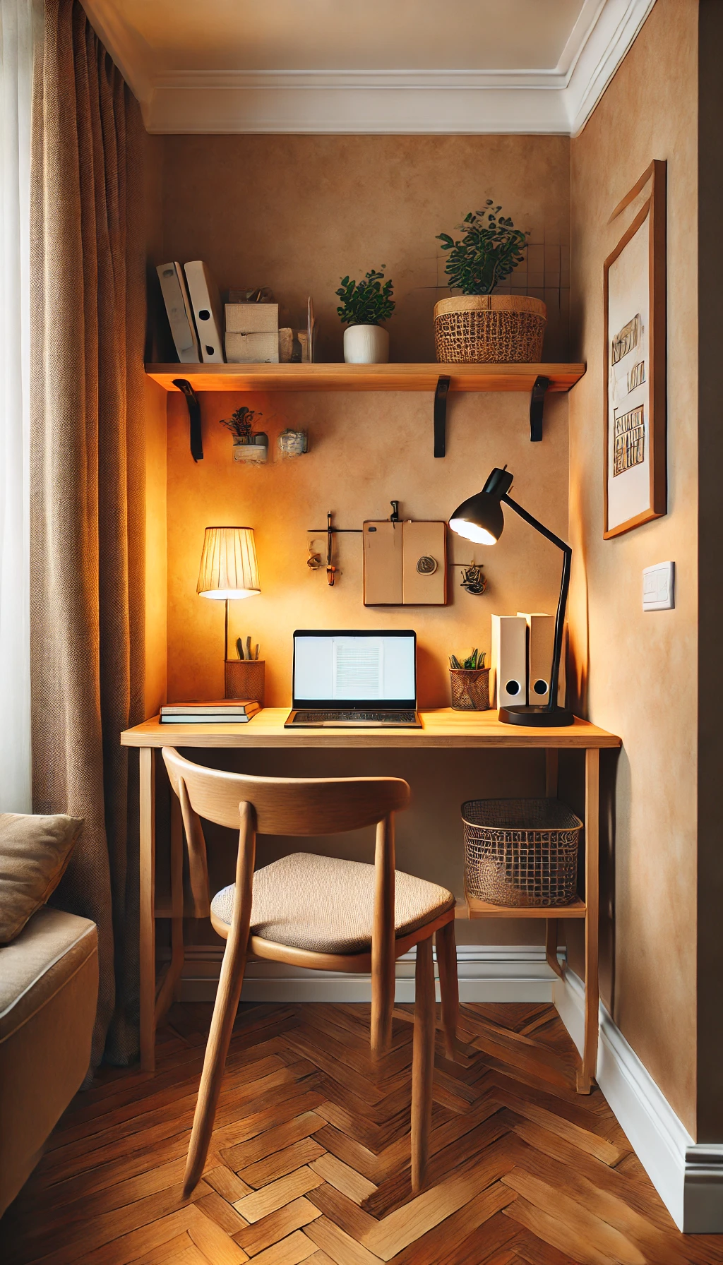 A small wall-mounted desk in a cozy corner, with a laptop, chair, and a few accessories, showing how it can create an efficient workspace without taking up too much space.