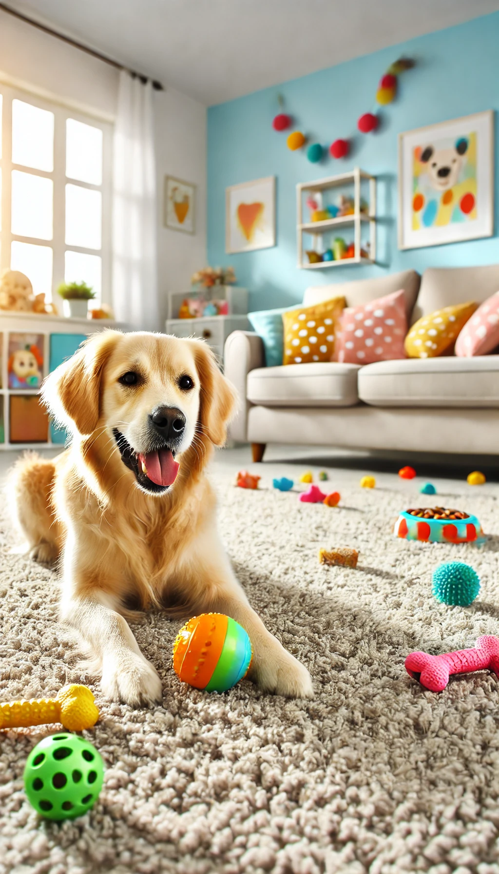 A dog happily playing with a treat-dispensing toy on a soft carpet, with a bright and playful living room in the background.