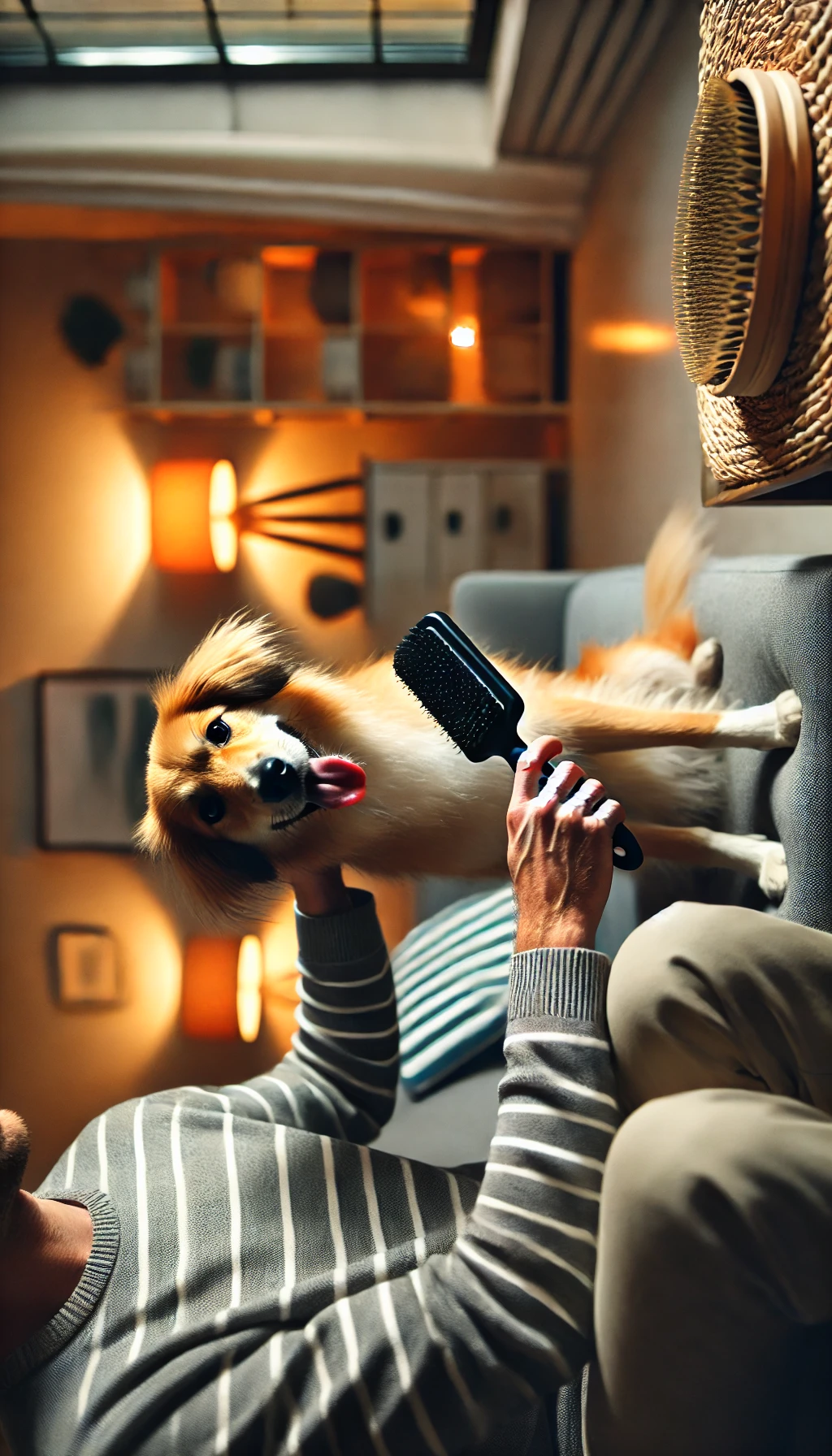 A person sitting on a couch brushing their dog with a slicker brush, while the dog looks relaxed and happy in a cozy living room.