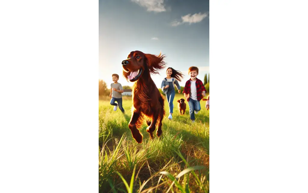 An Irish Setter running through a field with kids, looking joyful and free, with a sunny, outdoor family atmosphere.