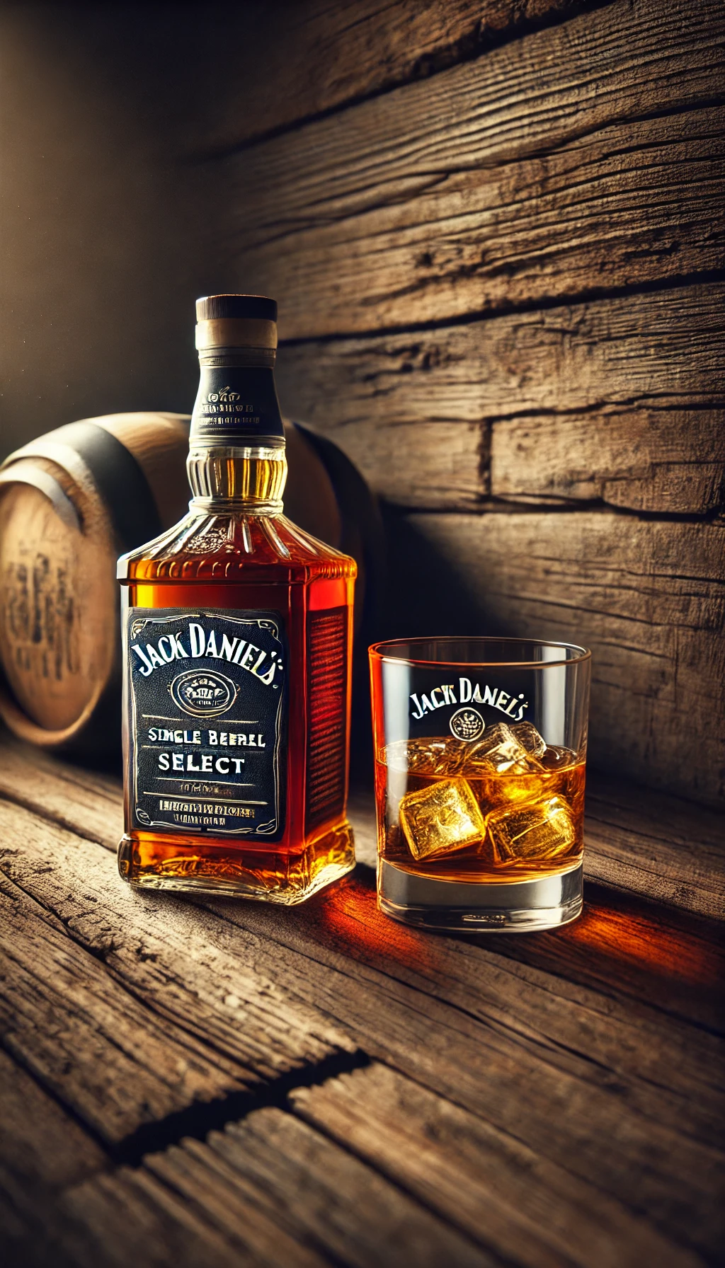 A bottle of Jack Daniel’s Single Barrel Select on a rustic wooden bar with a glass of whiskey and ice, with a dimly lit background to highlight the whiskey’s deep color.