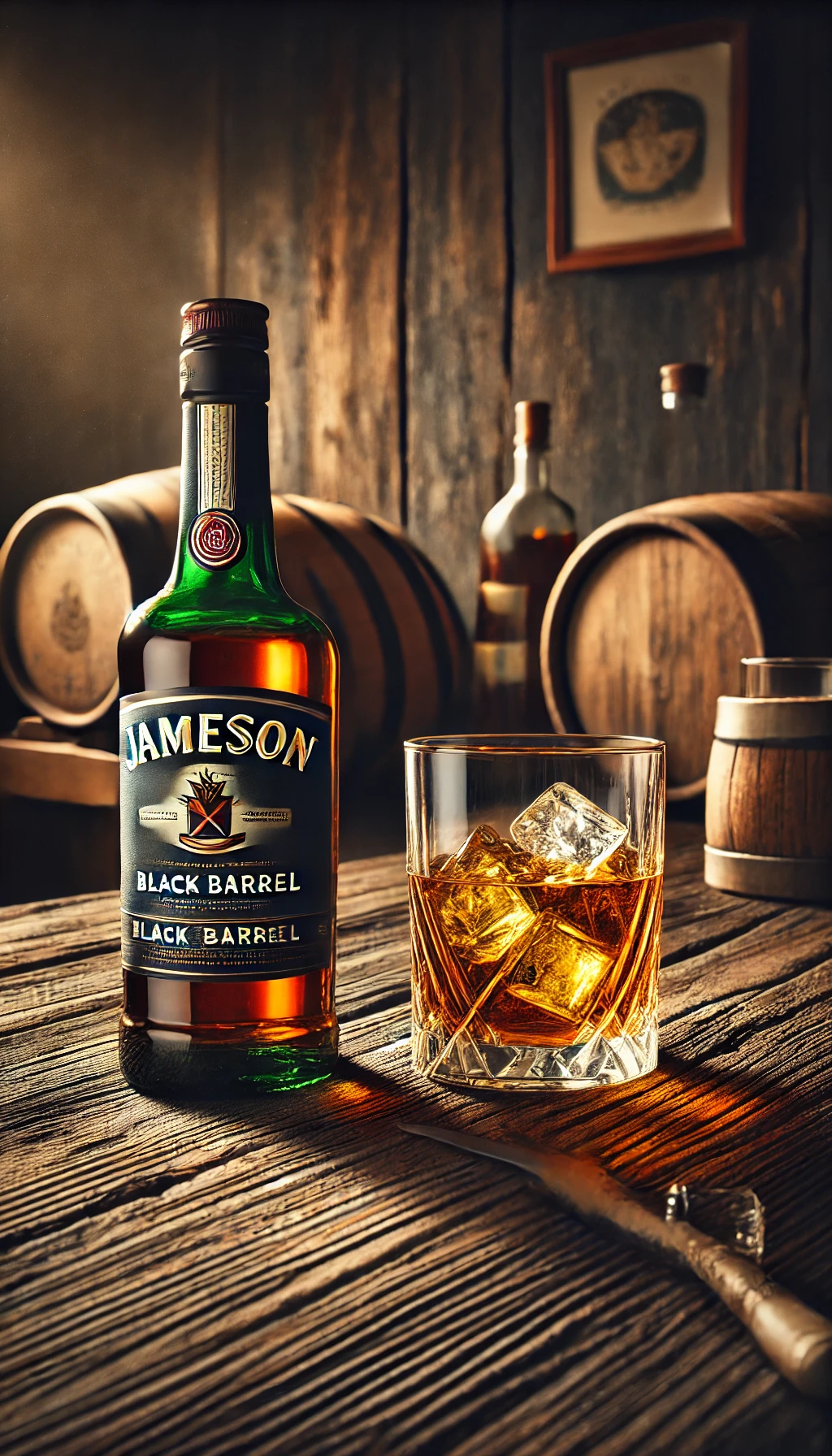 A bottle of Jameson Black Barrel and a whiskey glass with ice, set on a rustic wooden table, with an Irish pub vibe in the background.