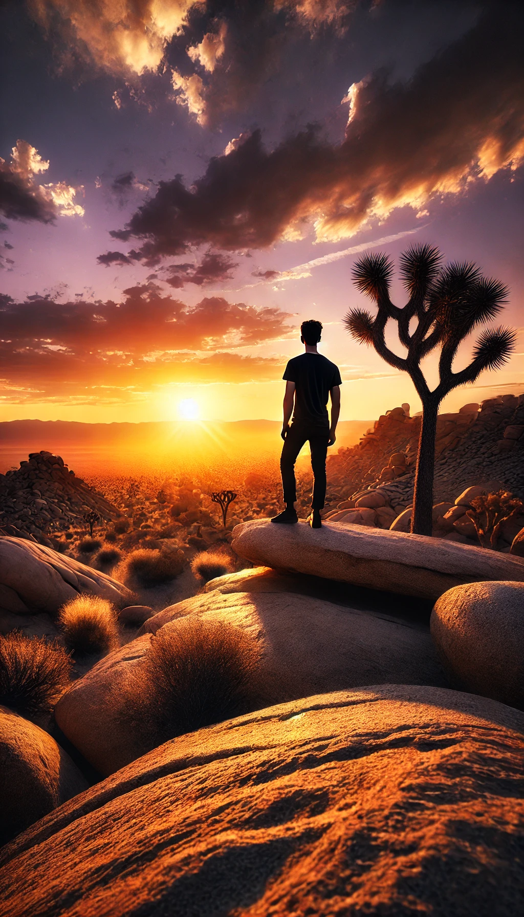 A person standing on a rock formation in Joshua Tree National Park with the sun setting over the desert landscape, creating a warm glow.