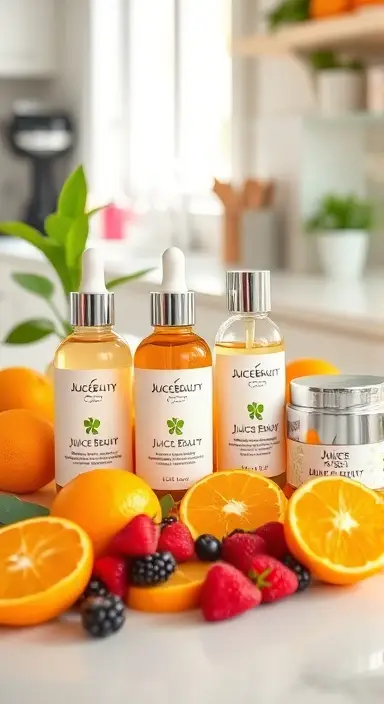 A bright kitchen counter with Juice Beauty serums and creams surrounded by fresh fruit like oranges and berries.