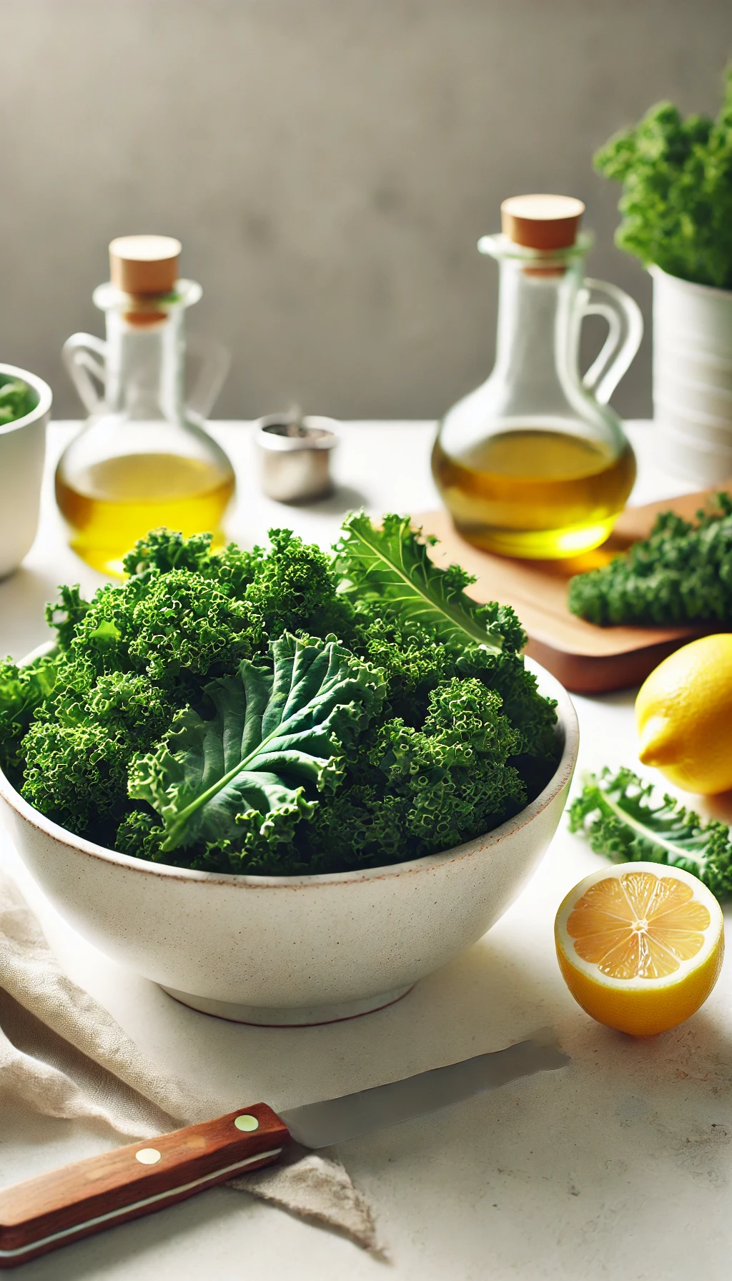 A bowl of fresh kale leaves, ready to be washed, with a lemon and olive oil bottle nearby on a clean white kitchen counter.