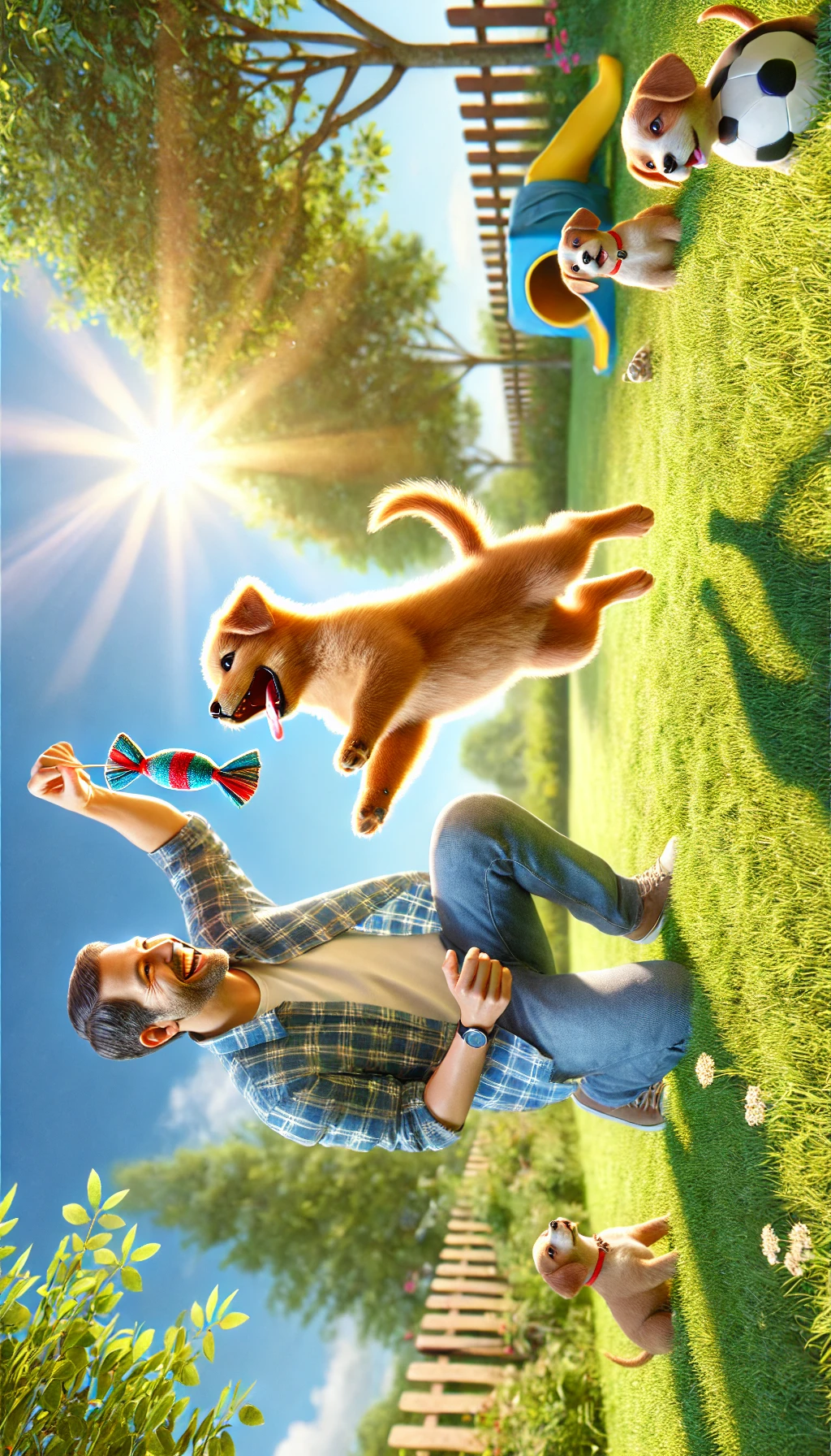 A joyful puppy playing with its owner outdoors, with the owner holding a toy and the puppy jumping excitedly in a vibrant, sunny setting.