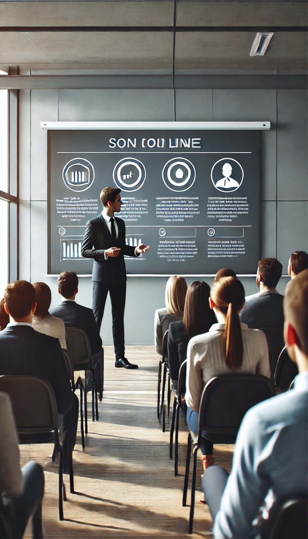 A speaker with a slide showing clear bullet points, speaking to a focused audience in a professional setting.