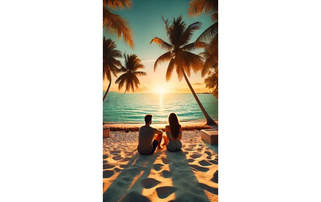 A couple watching the sunset on the beach in Key West, with palm trees and turquoise water in the background, creating a relaxed, tropical atmosphere.