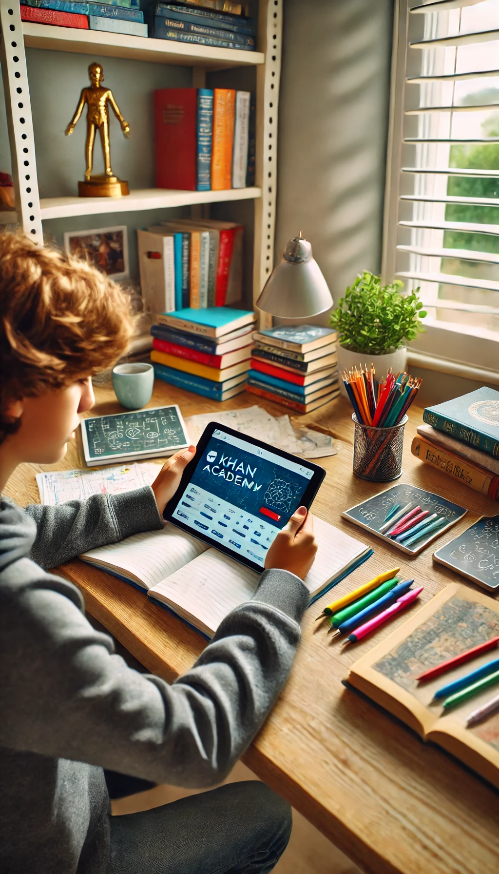 A teenager studying on a tablet with Khan Academy’s interface, sitting at a desk surrounded by books and stationery.