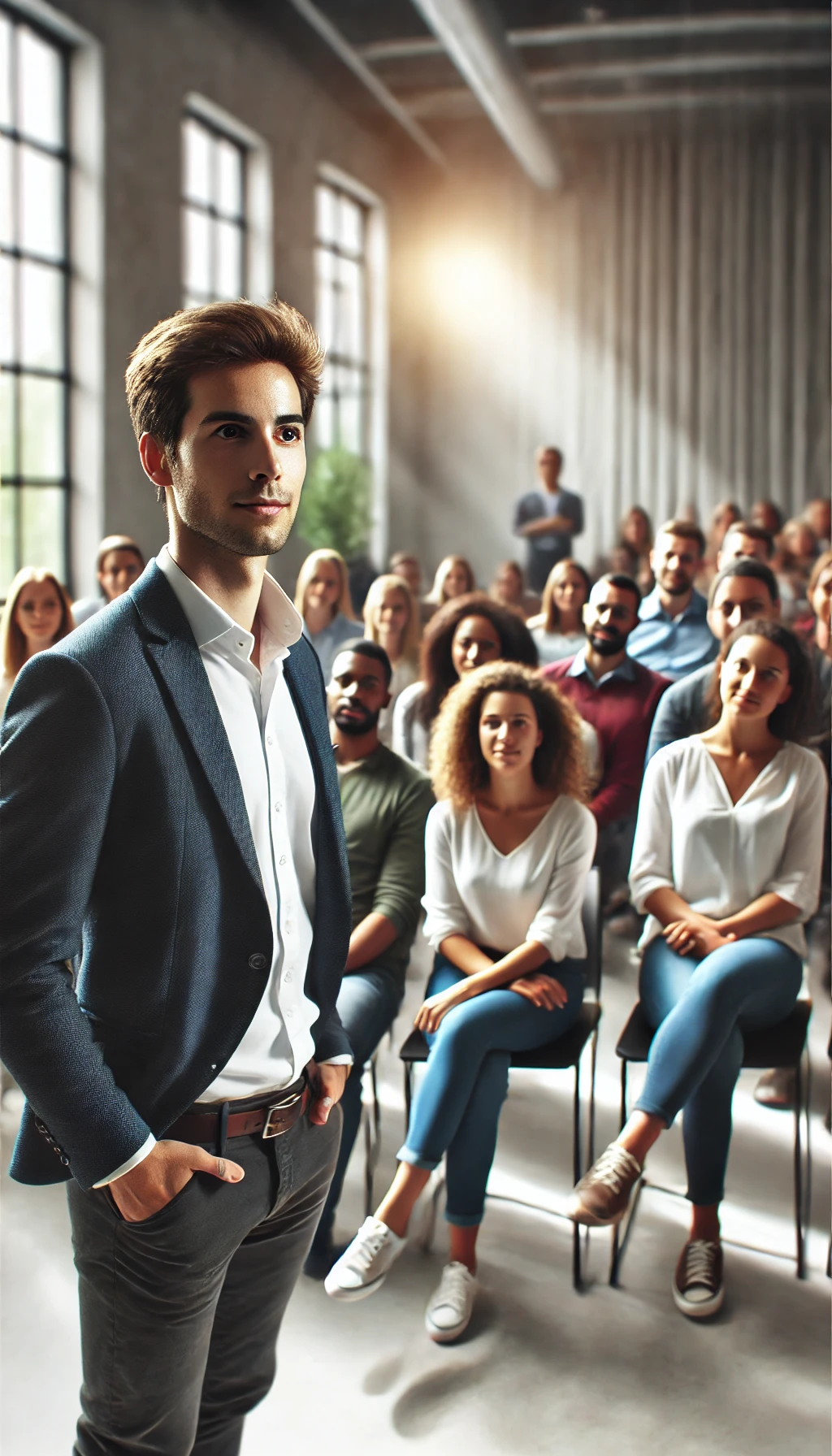 A speaker standing on stage with a diverse audience, looking engaged and listening attentively, in a bright, professional setting.