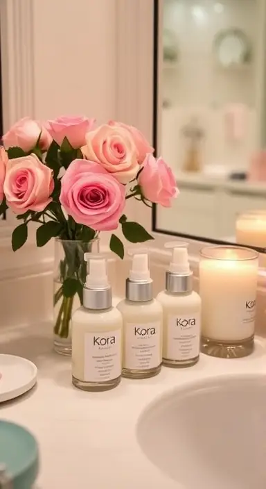 A chic bathroom counter with Kora Organics products placed next to a vase of fresh roses and a glowing candle.