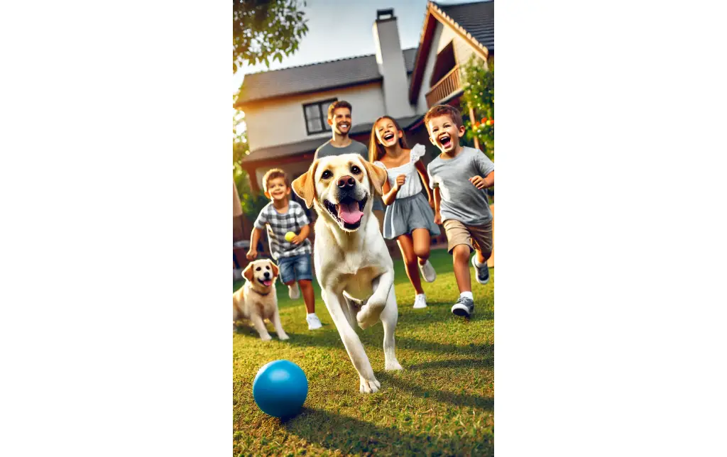 A Labrador Retriever playing fetch with children in a backyard, looking happy and active, with a family nearby smiling and watching.