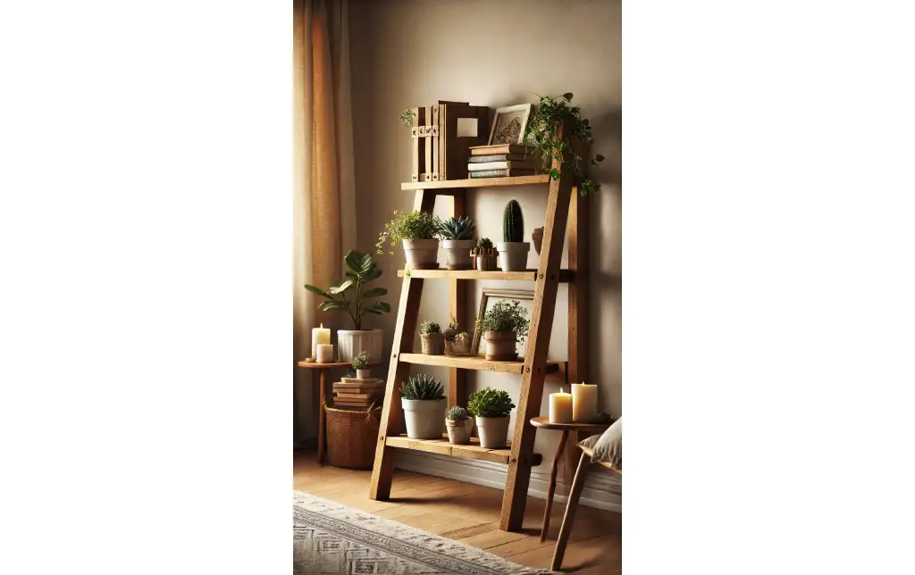 A rustic wooden ladder shelf leaning against a wall, decorated with small plants, books, and other decorative items for a cozy look.