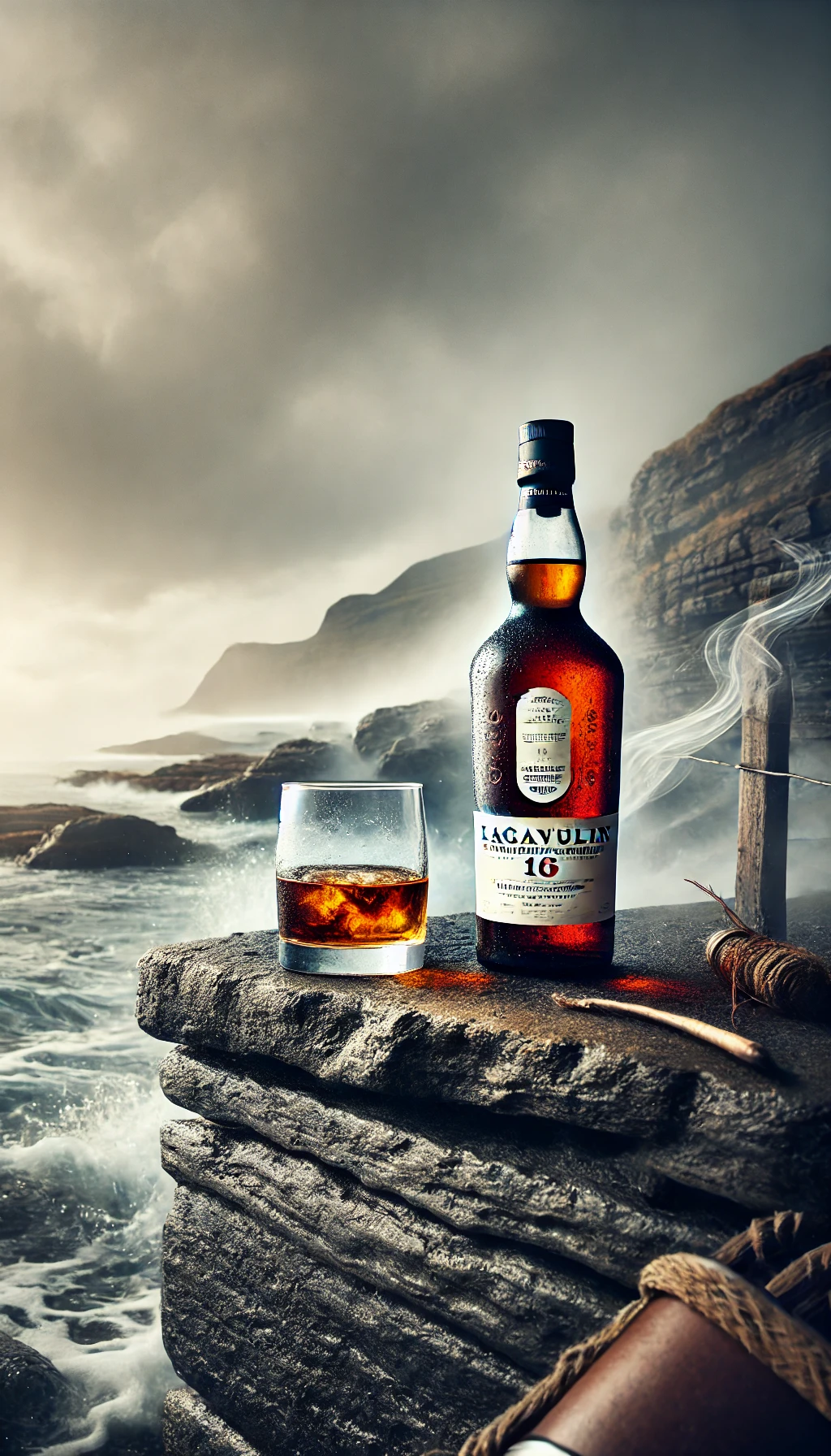 A bottle of Lagavulin 16 on a stone ledge near the sea, with a glass of dark amber whiskey and wisps of smoke in the background, evoking the smoky Islay landscape.