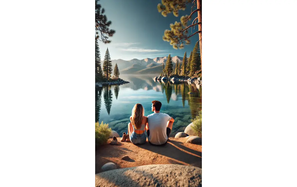 A couple sitting by the edge of Lake Tahoe, with mountains and pine trees reflecting in the clear lake water, enjoying a peaceful moment together.