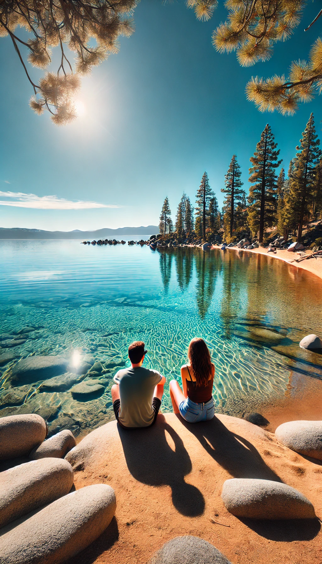 A couple sitting on the shore of Lake Tahoe, with crystal-clear water and pine trees reflecting in the lake on a sunny day.