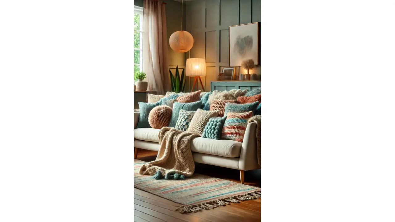 A living room sofa with a mix of colorful and textured throw pillows and a cozy blanket draped over one side, creating a warm and inviting look.