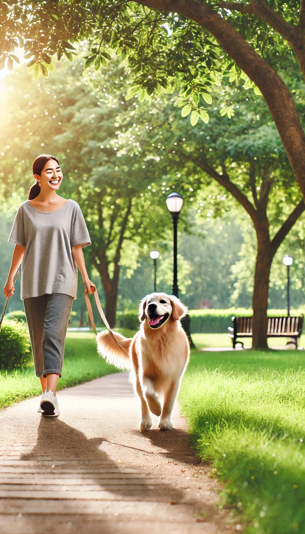 A dog happily walking on a leash with its owner in a park, with trees and sunlight creating a serene outdoor scene.