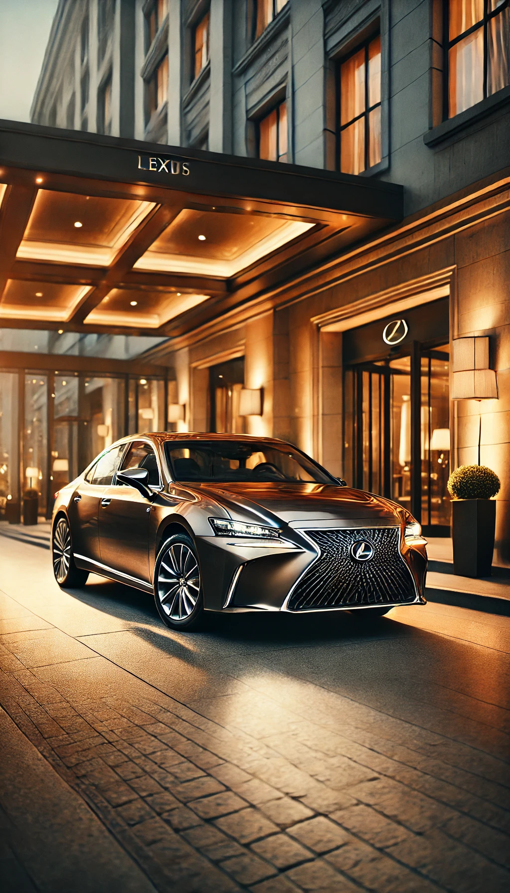 A Lexus ES parked near a luxurious hotel entrance, with its sophisticated design highlighted by warm evening lighting.