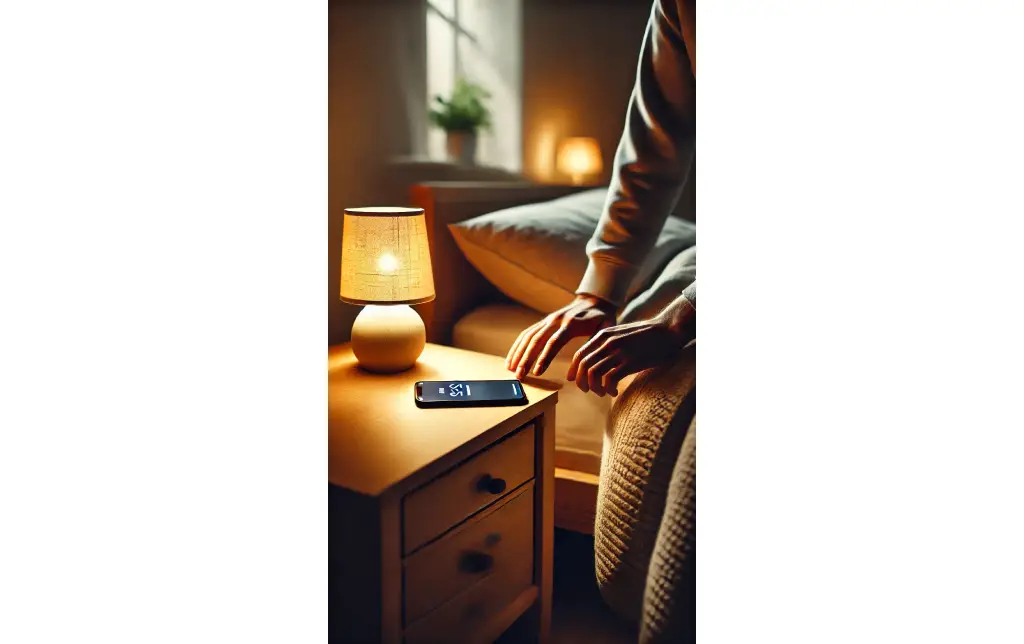 A person putting their phone away on a bedside table, with a warm bedside lamp on, creating a calm and screen-free atmosphere.