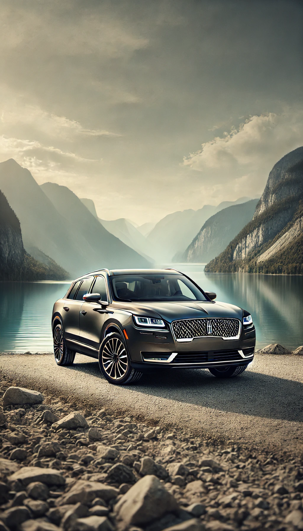 A Lincoln Corsair parked by a lake with mountains in the background, capturing its adventure-ready and luxurious SUV appeal.