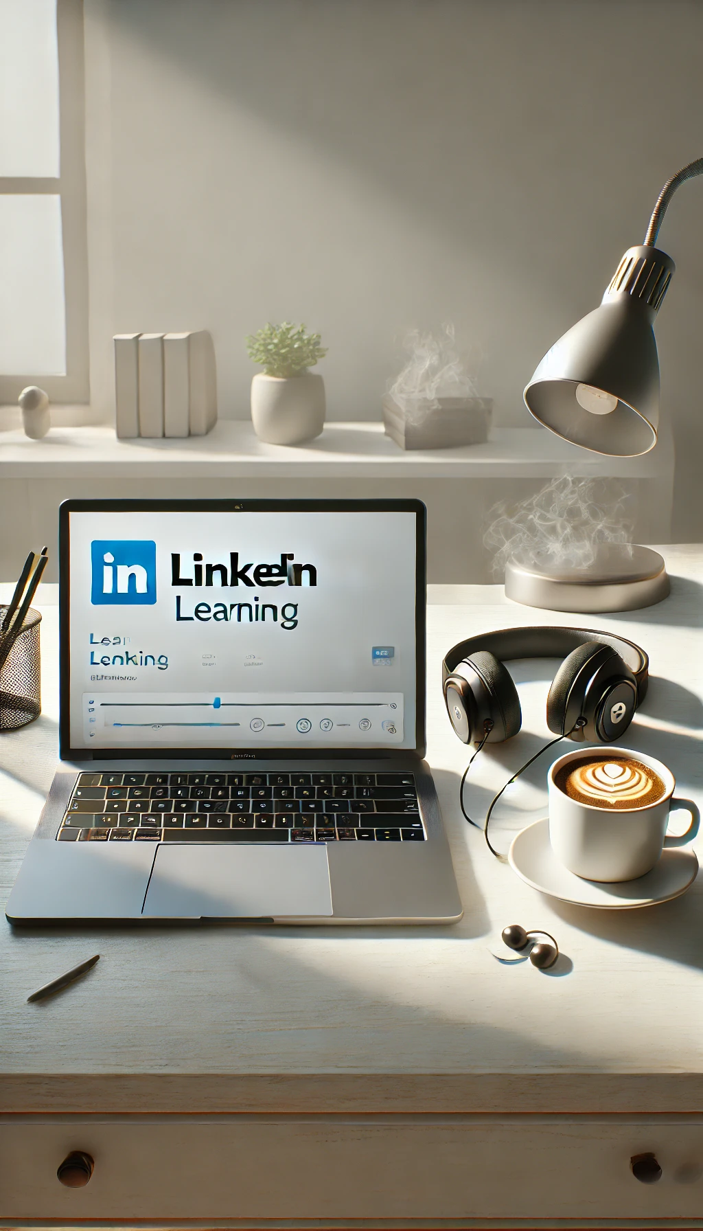 A clean, minimalist desk setup with a laptop displaying a LinkedIn Learning course, headphones, and a cup of coffee nearby.