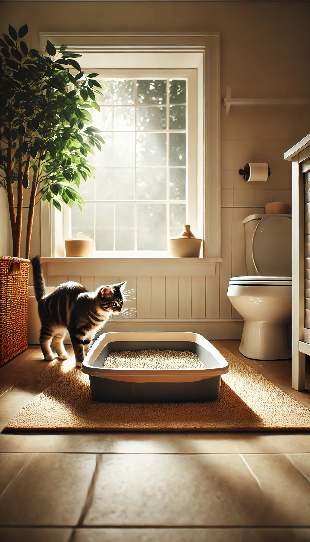 A tidy litter box setup in a well-lit corner, with a curious cat stepping in to investigate.