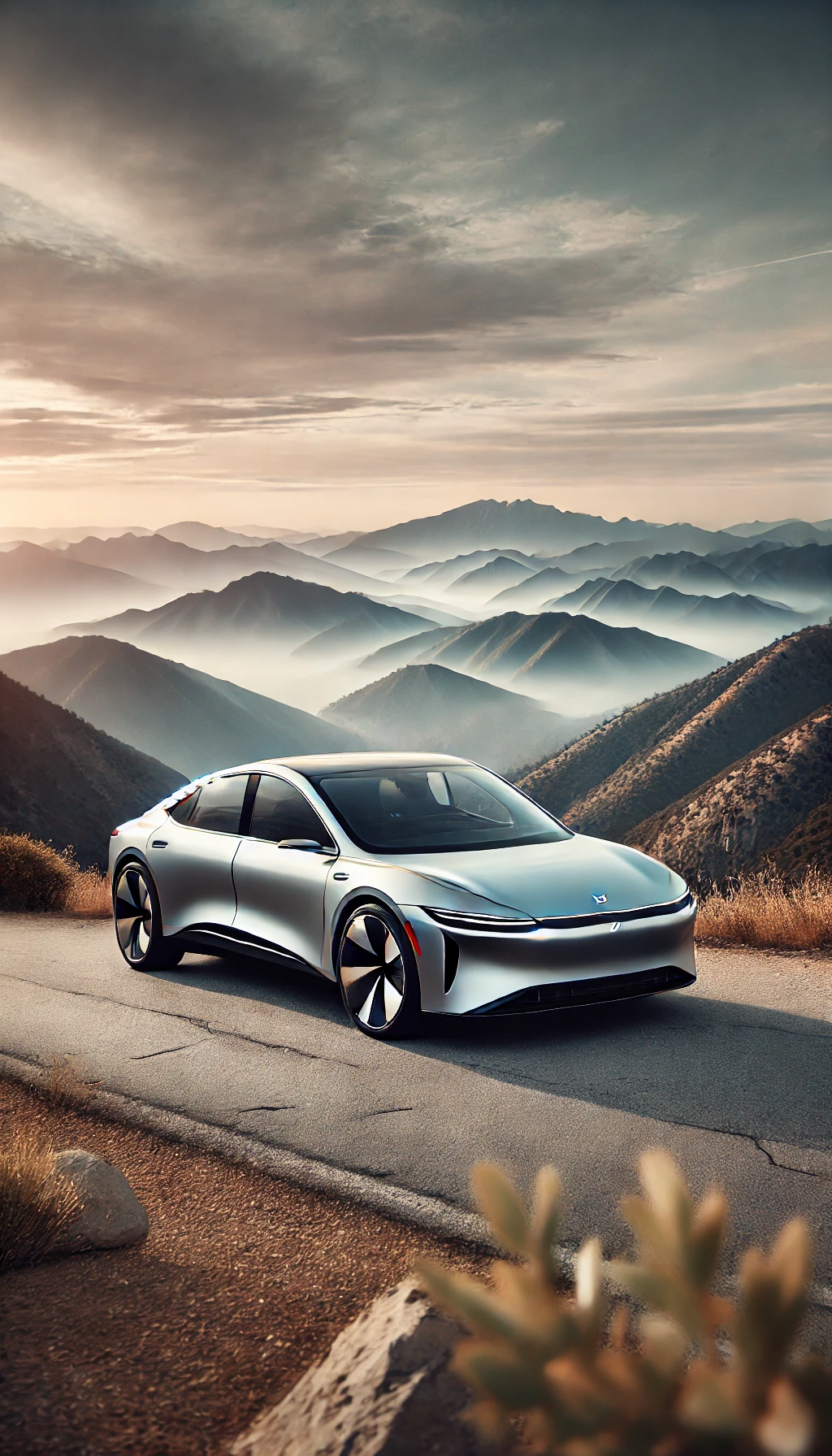 A Lucid Air parked near a scenic overlook with mountains in the background, showcasing its sleek, futuristic design and long-distance capabilities.