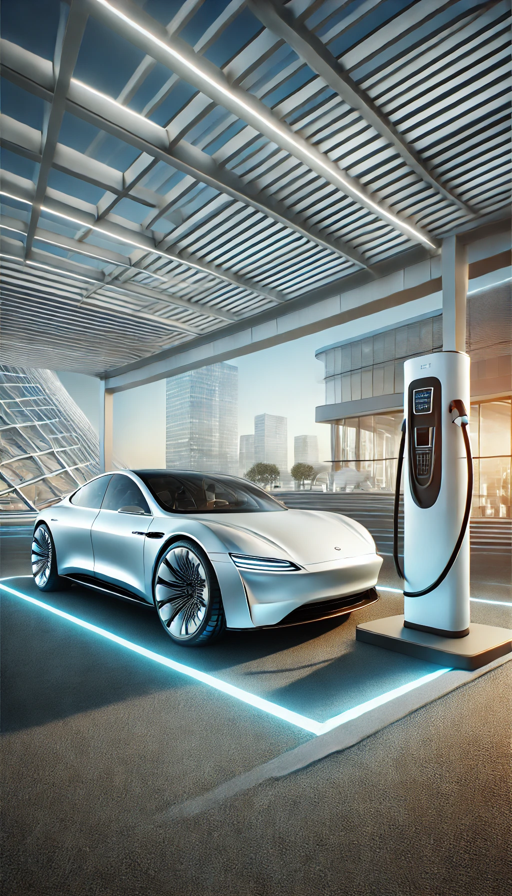 A futuristic luxury electric car plugged into a high-speed charger at a sleek charging station, surrounded by modern architecture.