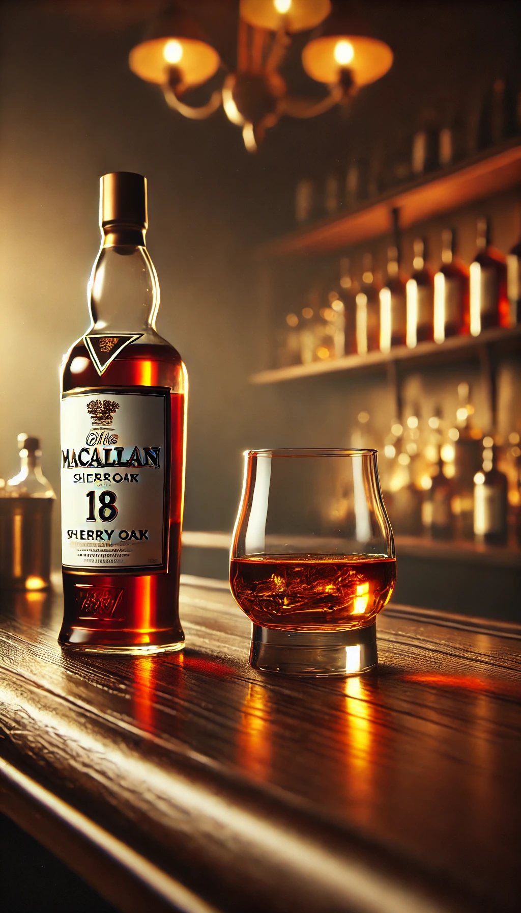 A bottle of Macallan Sherry Oak 18 on a polished wooden bar, next to a glass of amber-colored whiskey, with a warm, low-lit background.