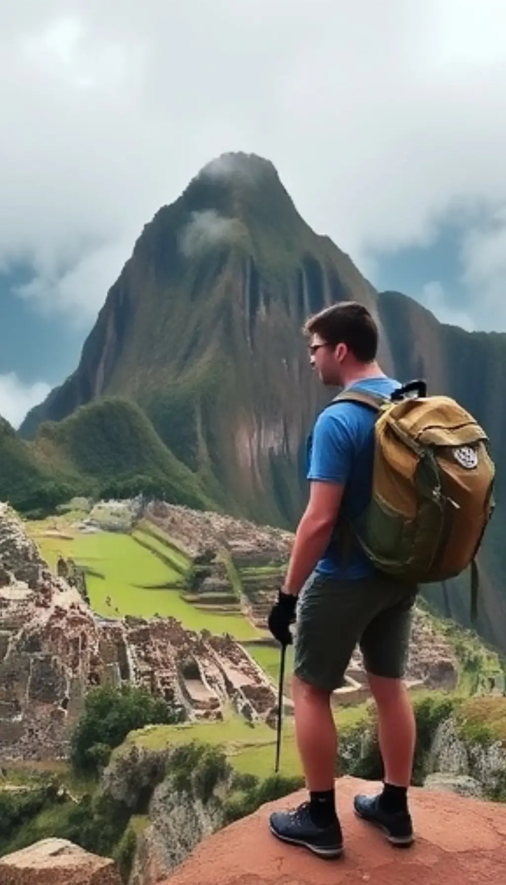 A hiker standing at the Sun Gate, overlooking the ancient ruins of Machu Picchu, surrounded by misty mountain peaks.