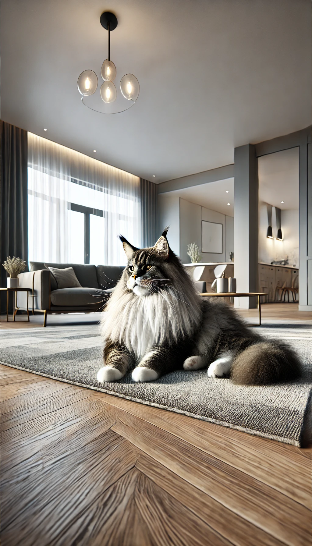 A Maine Coon lounging on a stylish rug in a spacious apartment living room, with its large, fluffy coat and relaxed posture on display.