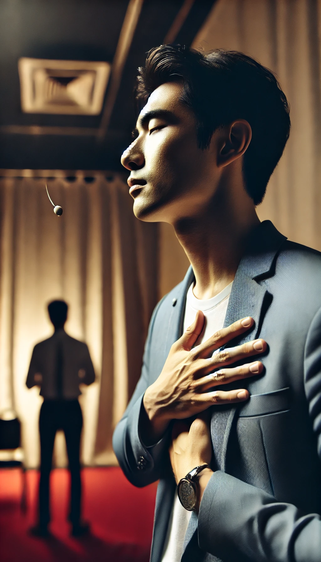 A speaker taking a deep breath with a hand on their chest, in a backstage or quiet setting before going on stage, looking focused and calm.