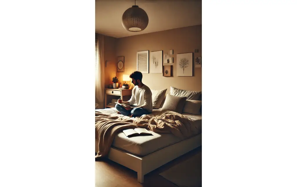 A person sitting on their bed with a journal, writing or meditating in a calm, clutter-free bedroom, creating a serene bedtime routine.